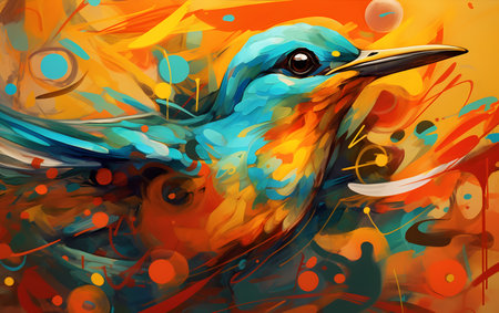 Colorful oil painting picture of a bird with a colorful background. Abstract brush strokes. Generative AI.の素材