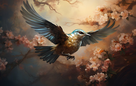 Bird illustration with open wings and floral ornament. Artwork in oil painting style. Cinematic light. Generative AI.の素材
