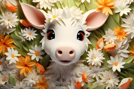 Illustration of a cute baby cow in paper cut. Quilling style with flowers background in cartoon form. Generative AI.の素材