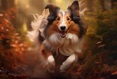 A collie dog running and jumping in a forest in autumn season. Generative AI.の素材