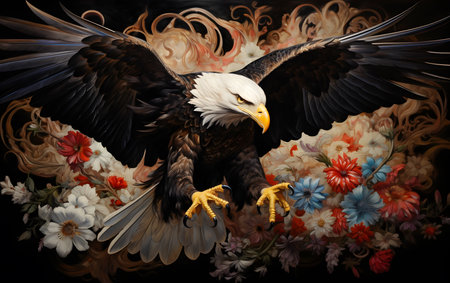 Illustration of an eagle with open wings and floral ornament. Artwork in oil painting style. Generative AI.の素材