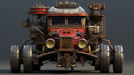 Illustrative drawing of an imaginary truck in Steampunk style. Customized vehicle for various uses. Generative AI.の素材