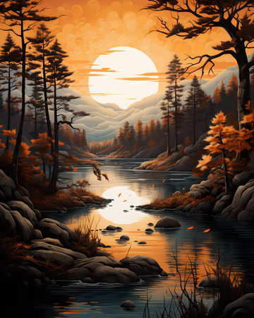 Beautiful landscape with lake and forest at sunset. Vector illustration.の素材