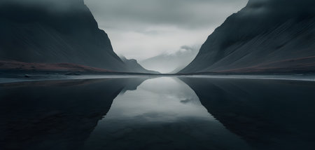Scenery of a cloudy landscape with mountains and a lake.の素材