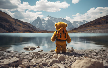 An adventurous teddy bear looking at a pretty landscape with a lake.の素材