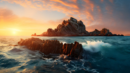 Rock formation in the middle of the ocean. Small island made of rocks.の素材