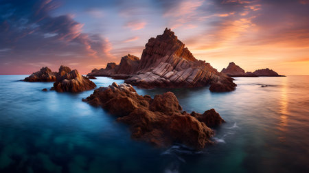 Rock formation in the middle of the ocean. Small island made of rocks.の素材