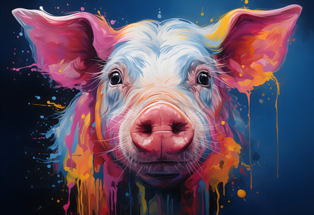 Illustration of an image of a colorful pig, in the style of ink splattered and dripped.の素材