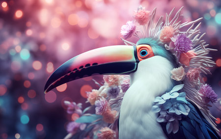 Modern illustration of a toucan in pastel colors with neon style lighting. Floral ornaments.の素材
