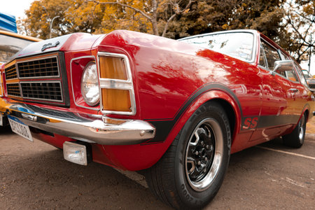 Frontal detail of vehicle Chevrolet Caravan 1975 on display at a vintage car fair show in the city...