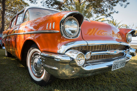Vehicle Chevrolet Bel Air 1957 on display at the monthly meeting of vintage cars in the city of Londrina, Brazil.のeditorial素材