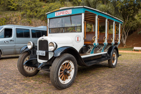 Bus vehicle GM Chevrolet Jardineira 1928 on display at Nineteenth Edition of Bus Brasil Fest 2023 show, held in the city of Campinas, Brazil.のeditorial素材