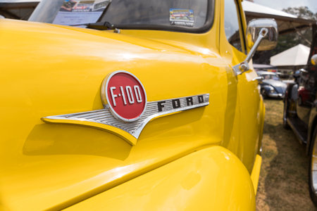 Front view of vehicle Ford F-100 1957 on display at a vintage car fair show in the city of Londrina,...
