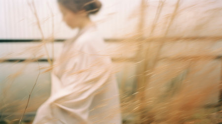 Blurred art composition. Image of an Asian woman in a wheat field. High ISO photography style.の素材