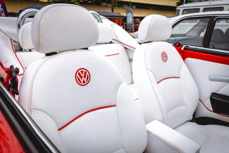 Interior of Volkswagen Beetle 1994 on display at a vintage car fair show in the city of Londrina, Brazil. Annual vintage car meeting.のeditorial素材
