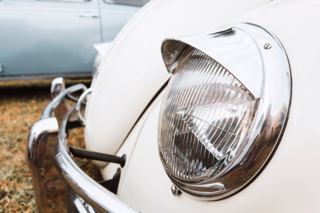 Detail of Volkswagen Beetle Beetle 1969 on display at a vintage car fair show in the city of...