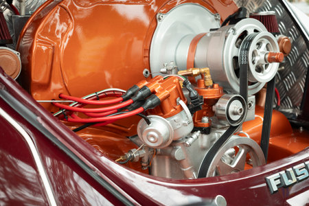 Motor detail of Volkswagen Beetle Beetle on display at a vintage car fair show in the city of Londrina, Brazil. Annual vintage car meeting.のeditorial素材