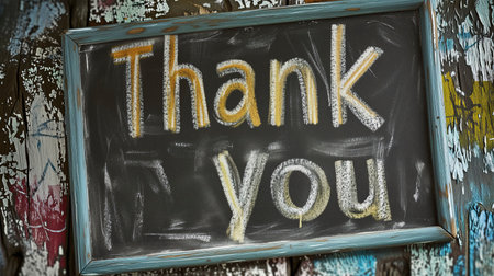 Words thank you written in chalk on a school chalkboard.の素材