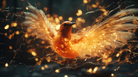 Figure of a bird with open wings. Colorful blurred background. Fantasy art.の素材