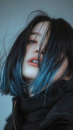 Portrait of a beautiful girl with blue hair in a black coatの素材
