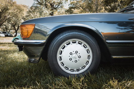 Vehicle Mercedes-Benz 300 SL (1986) on display at the monthly meeting of vintage cars in the city of...