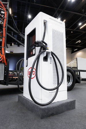 Fast charging stations for electric vehicles. Electric charging stations on exhibition at the...