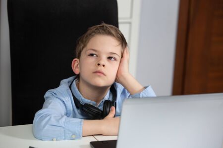 e-learning from home - lovely young boy working with his computerの写真素材