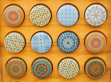 Small round boxes decorated in souvenir shops in Seville