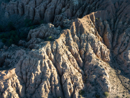 Panoramic aerial landscape view in air balloon flying over the Guadix fieldsの写真素材