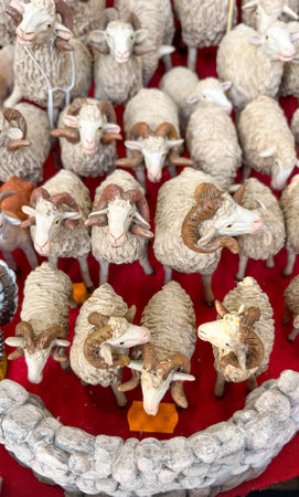 Group of sheep figures for Christmas nativity scene to sell in stallsの写真素材