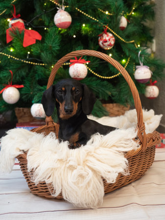 Portrait small dog dachshund black and tan into the basket on background christmas treeの写真素材