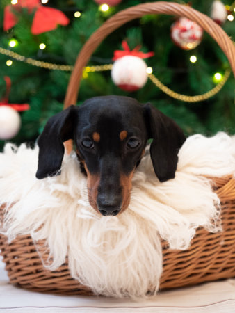 Portrait small dog dachshund black and tan into the basket on background christmas treeの写真素材