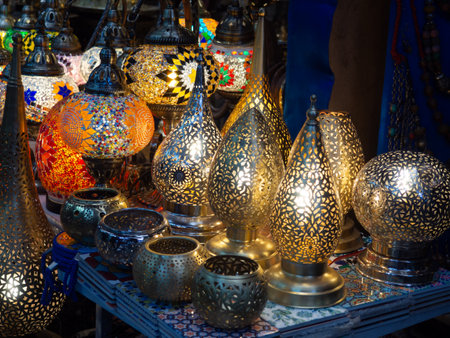 Moroccan style lamps in the medina traditional market. Lights and souvenir shops , Marrakesh Africaの写真素材