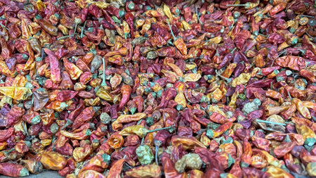 Group of colorful peppers in bulk at spice market in Aswan Egypt