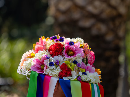 Typical and traditional hat with lot of verdiales colors music group from the mountains of Malagaの写真素材