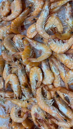 Cooked prawns at the market ready to take awayの写真素材