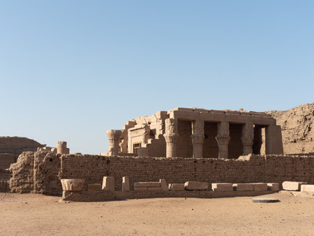 Columns facade of the inner courtyard temple of the god Horus in Edfu Egyptの写真素材