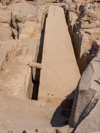 Panoramic view of the extraction of a monolith from the ancient Aswan quarry in Egyptの写真素材