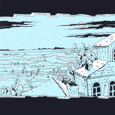 Vector sketch illustration of a spooky landscape with a cemetery and old abandoned Gothic mansion. Moonlit night on all saints day, mystical fog over the tombstones and crossesのイラスト素材