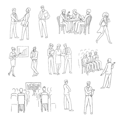 Vector set sketch black contour isolated illustration of business people. Women and men at conference, meeting and negotiations. A speaker at lecture or session. Handshake on successful transactionのイラスト素材