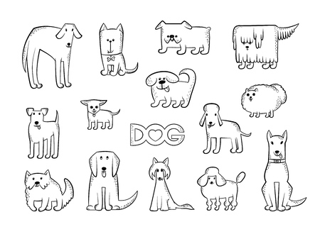 Vector set of different dog breeds. Funny caricature animals characters. Contour isolated black and white sketch illustration. The inscription and heart.のイラスト素材