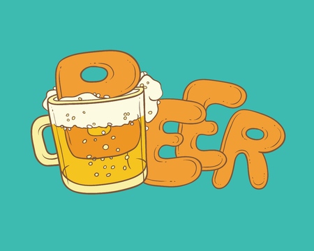 Vector sketch illustration pint, tumbler of beer. Bubbles and foam pouring from mug. Drink ale in glassware. Letters form the inscription and splashing in alcoholic beverage.のイラスト素材
