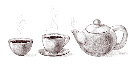 Vector black and white sketch illustration of fresh brewed hot and flavored morning coffee and tea from teapot in cup.のイラスト素材
