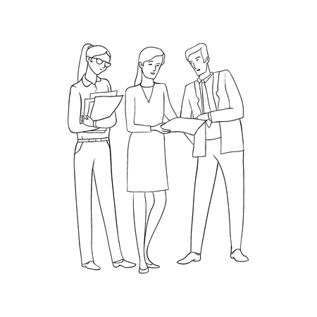 Vector sketch black contour isolated illustration of business people. Women and men at meeting and negotiations. Discussion of business documents, workflow in the office.のイラスト素材