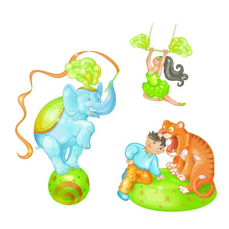 Vector bright illustration of the cartoon elements of a circus show on white background. A trained elephant on the ball, tiger and tamer, an air gymnast. Artists performing on stageのイラスト素材