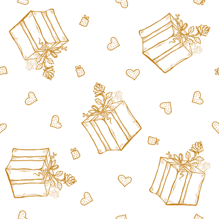 vector seamless pattern with birthday greetings and hearts. Gold lettering on the white background for gift wrapping. box, ribbon, roseのイラスト素材