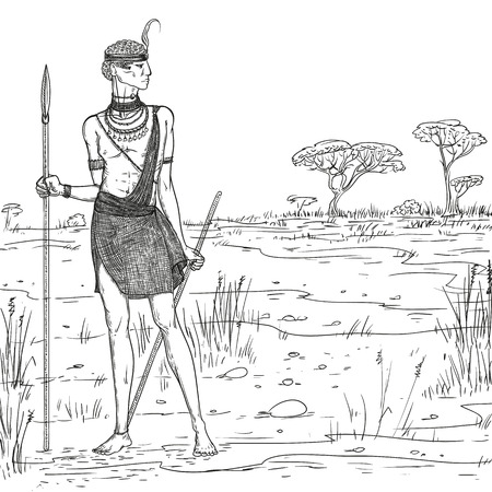 Vector sketch illustration. Armed warrior of the Masai tribe in traditional clothes and jewelry against the background of the savannah landscape. African people living in Kenya and Tanzania.のイラスト素材