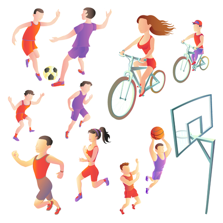 set of people involved in different kinds sports - football, running, cycling, basketball. athletes vector images on a white background. Sportsmen in the form.のイラスト素材