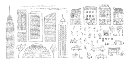 Vector set sketch contour doodle illustration urban street in the historic European city, truck and cars. Kit of outdoor plants and flowers, children and adult characters, skyscrapers in the megacity.のイラスト素材