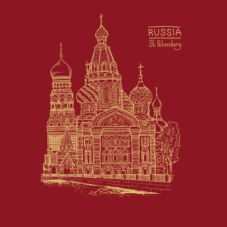 Vector sketch illustration. Tourist showplace. Sobor Resurrection on Spilled Blood or Church of Our Savior in St. Petersburg, Russiaのイラスト素材